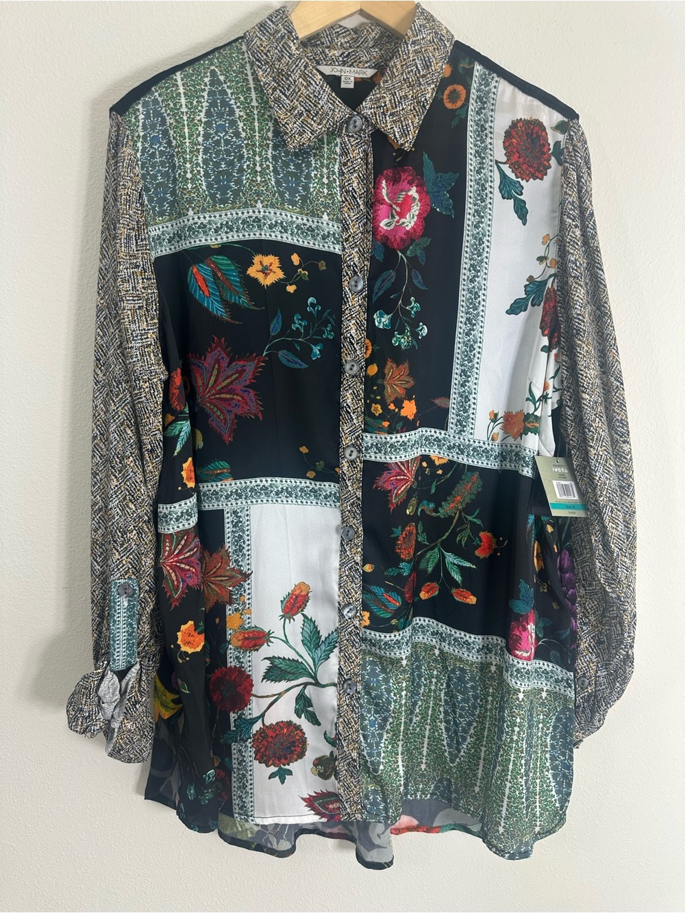 John Mark Black Collared Button-Up with Multicolor Floral Accents